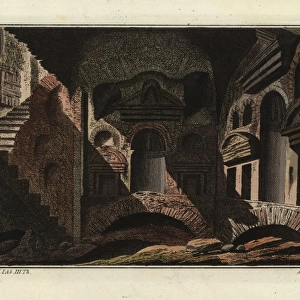 Roman catacombs with staircase leading down to tombs