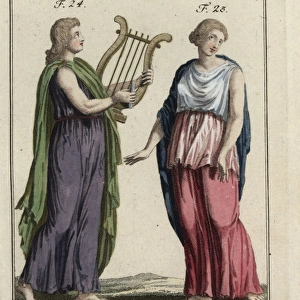 Roman Emperor Nero playing a harp and woman