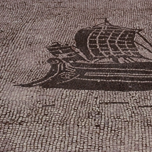 Roman mosaic. Boat. Ostia Antica. Italy