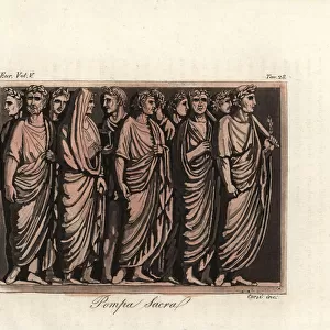 Roman noblemen in laurel wreaths and toga at a sacrificial