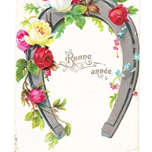 Roses and horseshoe on a French New Year postcard