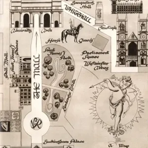 Royal Wedding 1947 Print: Decorative Chart of the Processional Route Royal Wedding 1947 Print: Decorative Chart of the Processional Route