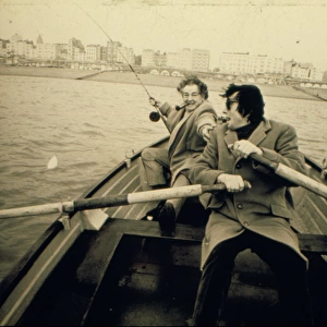 Rupert Davies and Laurence Harvey on fishing trip, Brighton