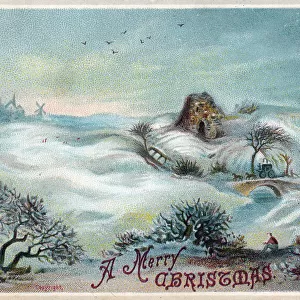 Rural snow scene on a Christmas card