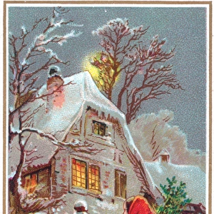 Rural snow scene with cottage on a New Year card