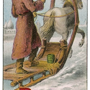 Russian man driving horse-drawn sleigh