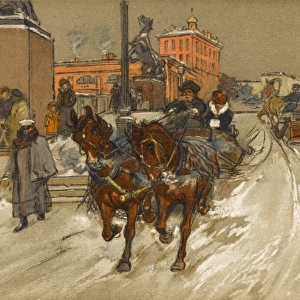 A russian town scene with horse sleigh