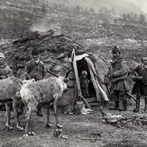Saami indigenous family with reindeer probably Norway