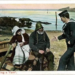 Sailor spinning a yarn to fisherman and fisherwoman
