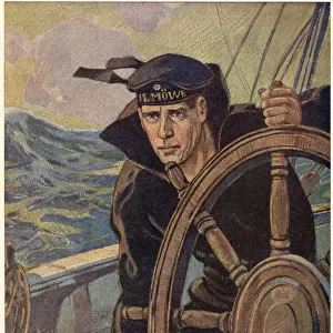 Sailor at the wheel of a German naval vessel during World War One. Date: 1915