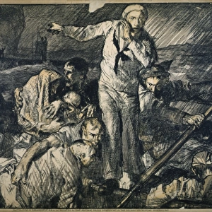 Sailors and others in a lifeboat, as one sailor gestures to
