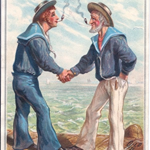 Two sailors shaking hands on a Christmas card