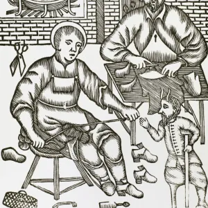 Two Saints make shoes being tempted by the devil. Engraving