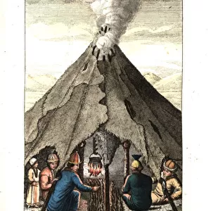 Sami people or Lapplanders in a tent made of sail and stakes
