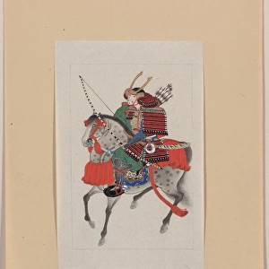 Samurai on horseback, wearing armor and horned helmet, carry