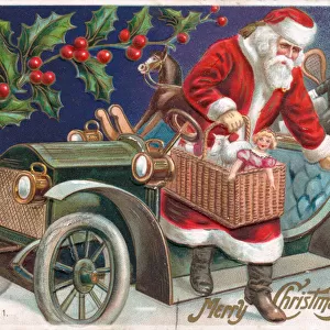 Santa Claus arriving by car on a Christmas postcard
