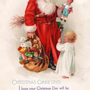 Santa Claus with child and presents on a Christmas postcard