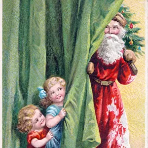 Santa Claus with children and tree on a Christmas postcard