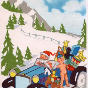 Santa Claus driving a car on a Dutch Christmas postcard