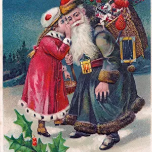 Santa Claus with girl and presents on a Christmas postcard