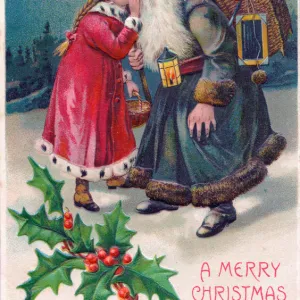 Santa Claus with girl and presents on a Christmas postcard