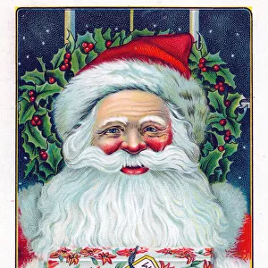 Santa Claus with present on a Christmas postcard