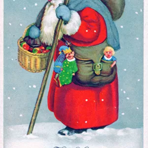 Santa Claus with presents on a German Christmas postcard