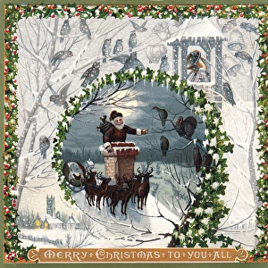 Santa Claus with reindeer on a Christmas card