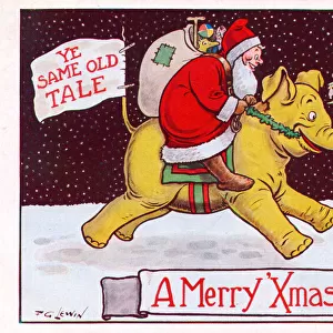 Santa Claus riding an elephant on a Christmas postcard