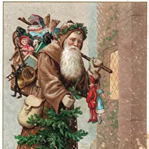 Santa Claus with his sack on a Christmas postcard