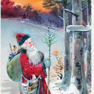 Santa Claus with sack of presents on a Christmas postcard