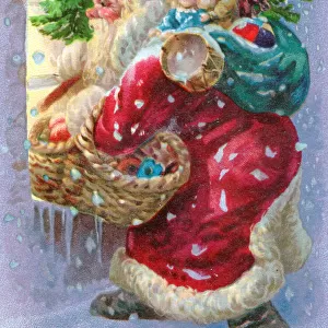 Santa Claus at a window on a Christmas postcard