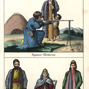 Sayan Tatar man firing a musket, and three