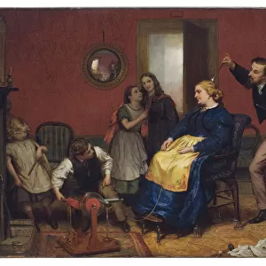 Scene in a domestic interior with children watching as a wom