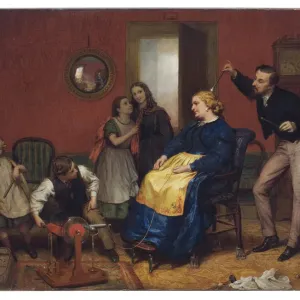 Scene in a domestic interior with children watching as a wom Scene in a domestic interior with children watching as a wom