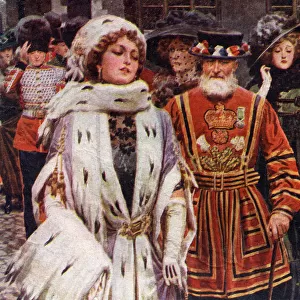 Scene at the Tower of London with female visitors in the company of a Yeoman of the Guard
