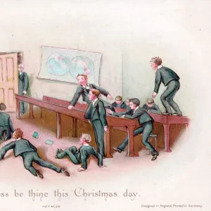 Schoolboys and teacher on a Christmas card