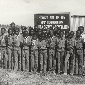 Scouts outside proposed headquarters, Gambia, West Africa