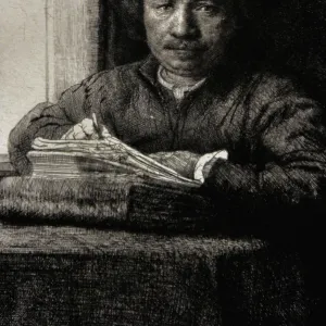 Self-portrait etching at a window, 1648, by Rembrandt (1606