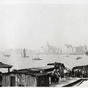 Ship in port, wharf, Shanghai China, view of the Bund