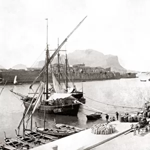 Ships of the waterfront, Palermo, Italy, circa 1880s. Date: circa 1880s