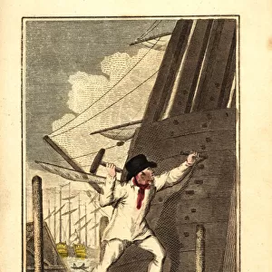Shipwright driving wedges into the stern of a ship
