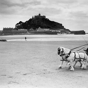 Shire horses and cart on Marazion beach, Cornwall