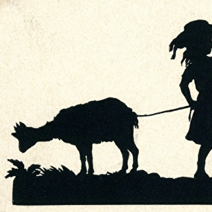 Silhouette of a girl with a sheep and a goat