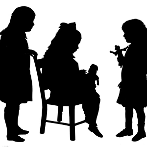 Silhouette of three girls with dolls
