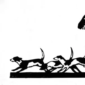 Silhouette of huntsman and hounds