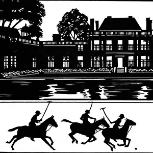 Silhouette of Hurlingham Club House and polo players