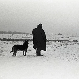 Silhouetted figure of a man and his dog