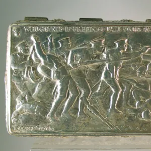 Silver plated cigarette box with battle scene, WW1