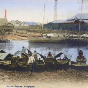 Singapore - Native Sampan boats moored on the riverbank